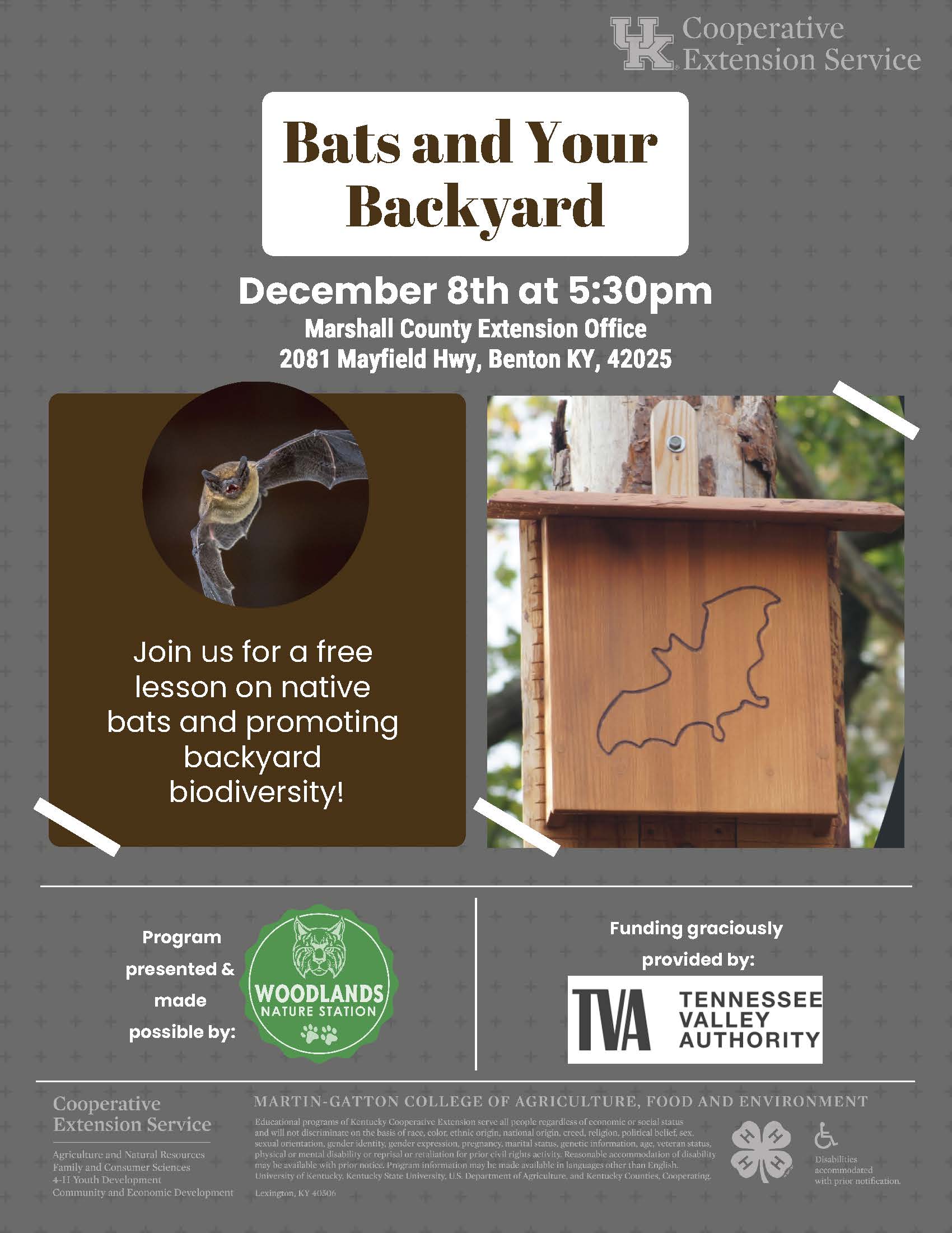Bats in your Backyard December 8th at 5:30pm at the Marshall County Extension Office