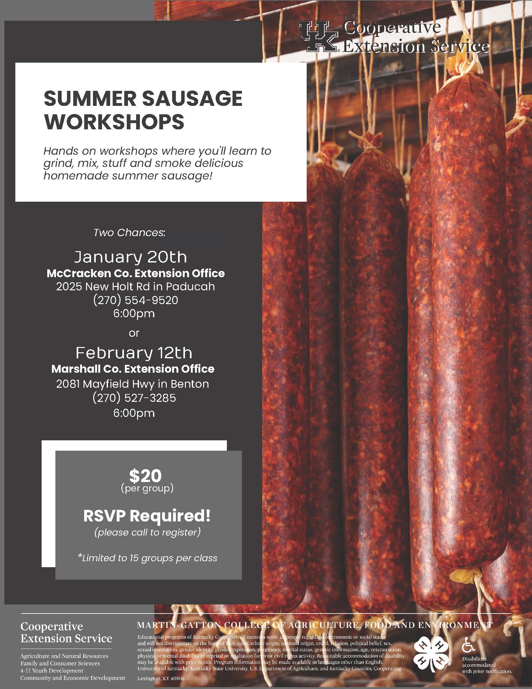 Summer Sausage Workshop January 20th and February 12th